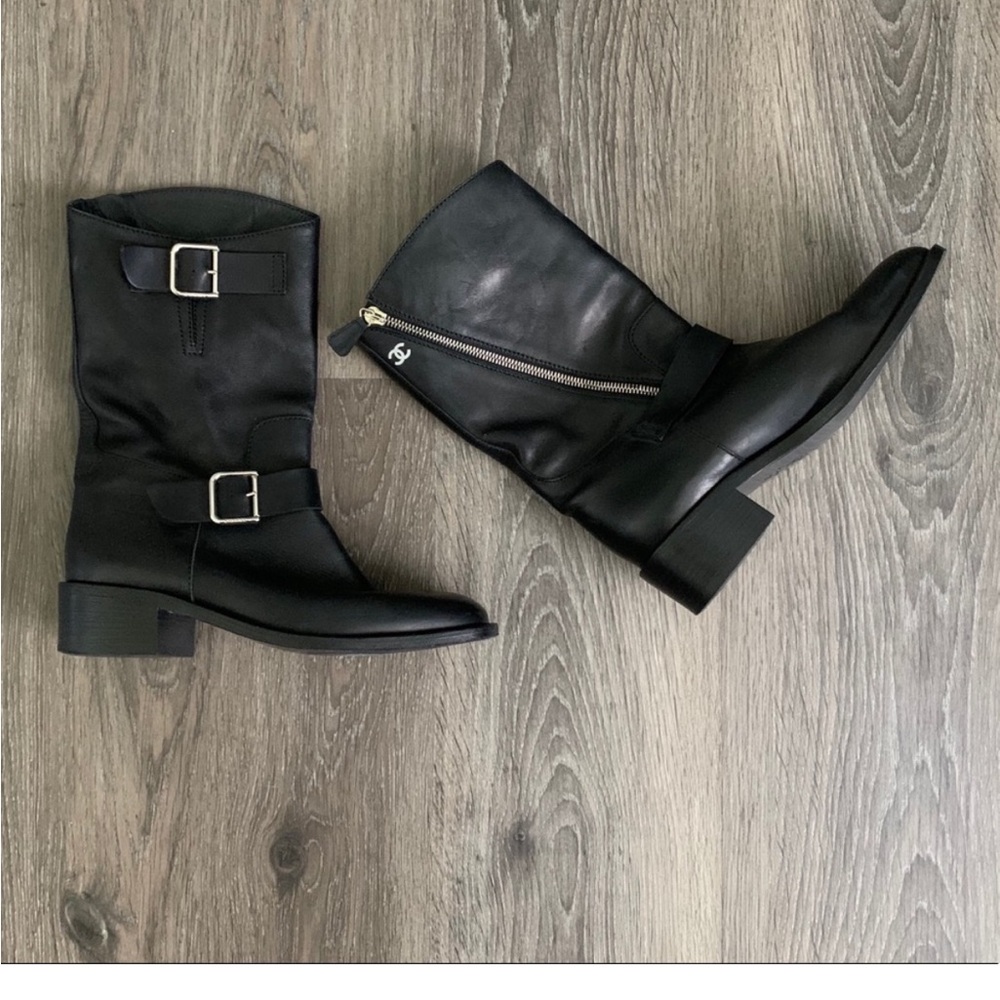 Chanel buckle detail short boots.